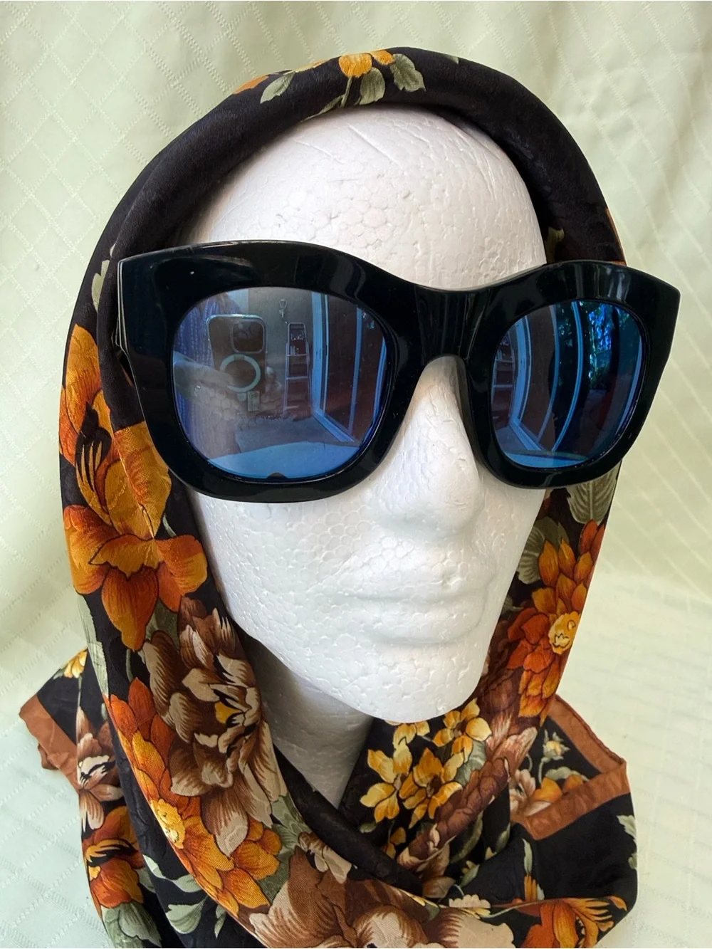 Vintage Floral Black and Orange Silk Scarf